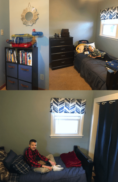 After picture of the blue's room - Bluish gray color with blue accents throughout the room.