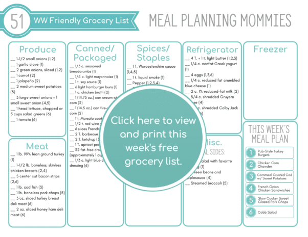 Free printable grocery list with the WW friendly meal plan on Meal Planning Mommies - great dinner recipes that are low in WW FreeStyle SmartPoints!