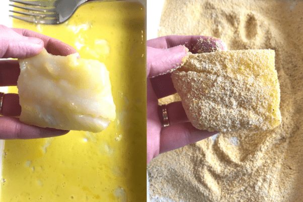Dip and coat the cod fish to make cornmeal crusted cod. 