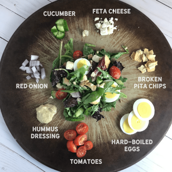 What you need for a delicious Middle Eastern Pita Salad with a hummus dressing - SO GOOD! Just 4 WW FreeStyle SP per 2 cup serving!