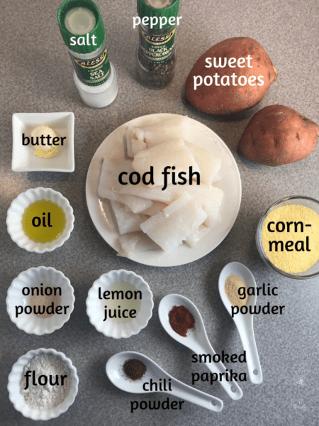 Simple in ingredients for making delicious cornmeal crusted cod with sweet potatoes