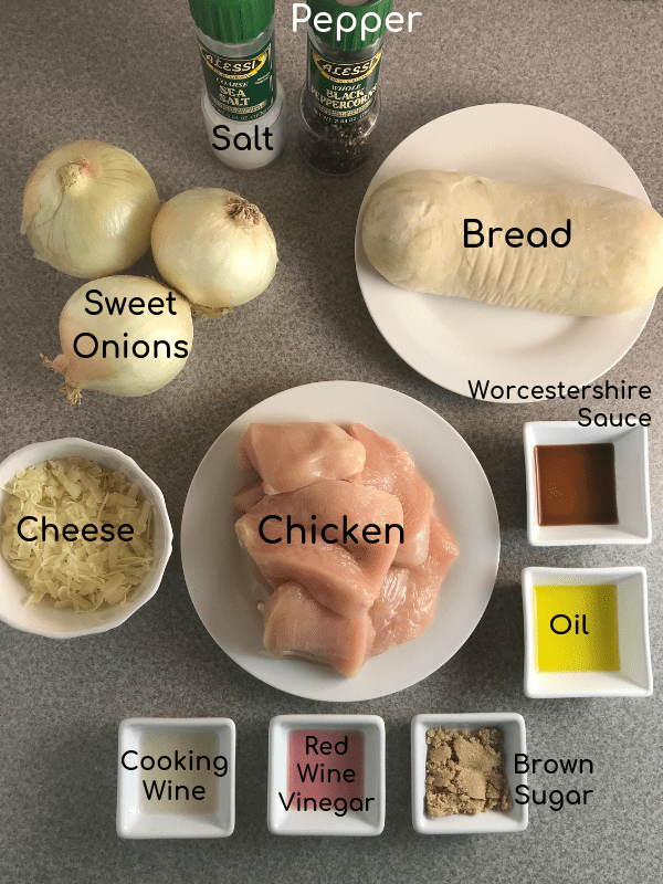 Ingredients needed for an Open Faced French Onion Chicken Sandwiches on Meal Planning Mommies - Just 5 WW FreeStyle SmartPoints per serving.