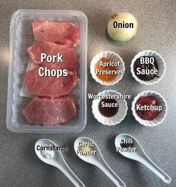 Ingredients for simple and delicious slow cooker sweet glazed pork chops. Easy slow cooker pork chop recipe. Easy dinner idea - great with steamed broccoli.