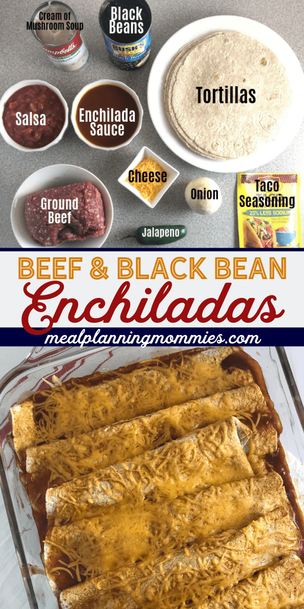 Lean ground beef, black beans, cream of mushroom soup, taco seasoning, salsa, enchilada sauce, onion, and jalapeño are cooked together and wrapped in a tortilla. Then the loaded tortillas are topped with enchilada sauce and cheese and baked until the tortillas become soft, the cheese is melted, and the inside meat mixture is nice and warm.