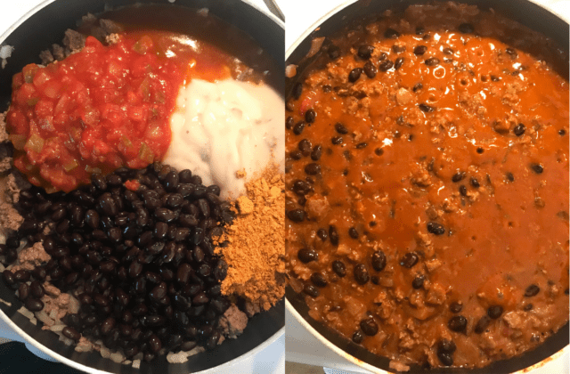 Cooking up the filling for beef enchiladas.