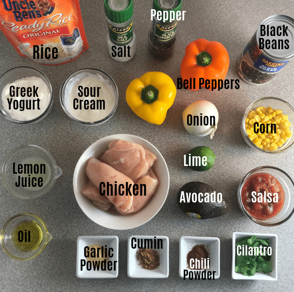 Ingredients for delicious Chicken Fajita Bowls on Meal Planning Mommies
