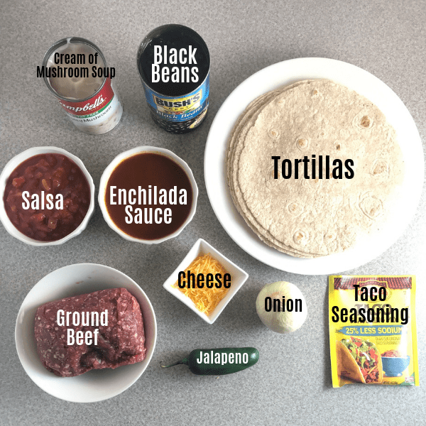 Simple ingredients for making easy beef enchiladas.