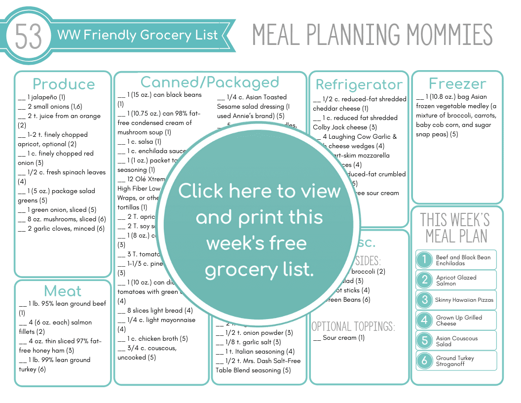 Click here to print the grocery list for the free meal plan 53 on Meal Planning Mommies.