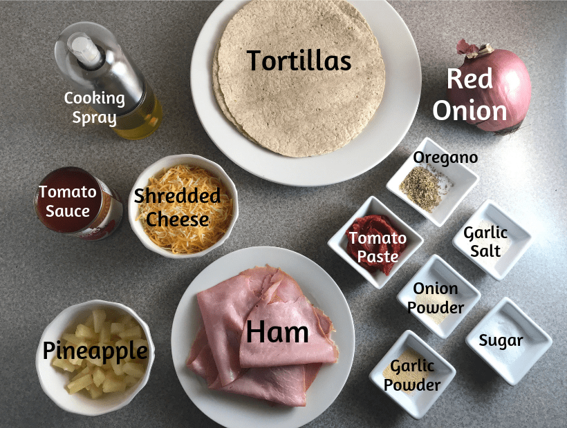Ingredients used to make Alisha's Skinny Hawaiian Pizzas on Meal Planning Mommies - Just 6 WW SP for one personal pizza!